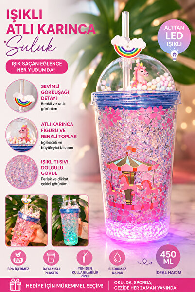 CHANCE GİFT Atlı Karınca Desenli LED Işıklı Pipetli Suluk Çocuk Su Matarası 4...