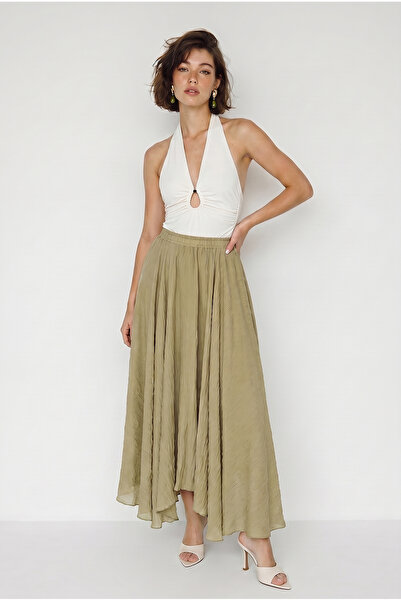 Bianco Lucci Women's Elastic Waist Crush Effect Lined Flounce Long Skirt De26...