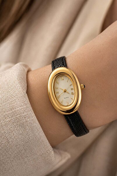 GANYMET Morv Women's Gold Oval Case Black Leather Band Vintage Minimalist Qua...