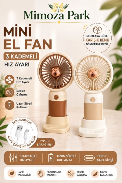MİMOZA PARK 3 Kademeli Şarjlı Mini Taşınabilir El Fanı - Sessiz USB Masaüstü ...