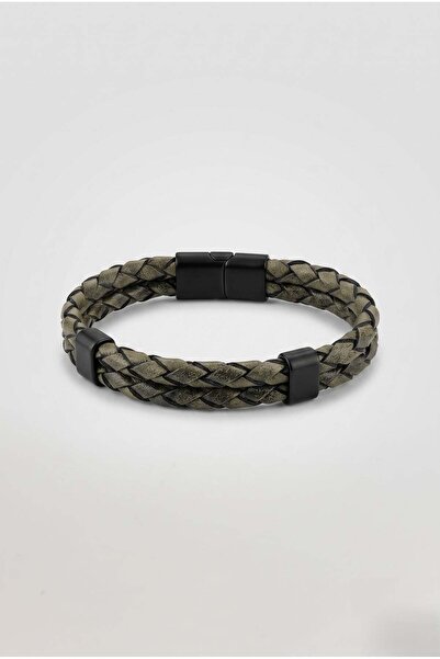 Efor Metal Detailed Knitted Leather Design Khaki Bracelet 100