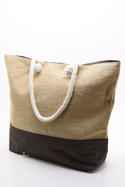 Jasmin Anchor Patterned Women's Jute Straw Beach and Daily Use Wide Shoulder Bag with Rope Handles and Zipper