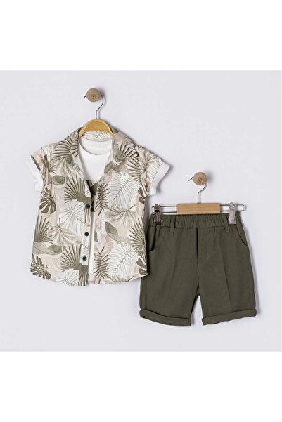 Uslukids Green Leaf Patterned Shirt and Linen Shorts Boys' T-Shirt 3-Piece Set