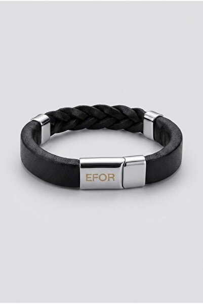 Efor Metal Detailed Knitted Leather Design Black Bracelet 099