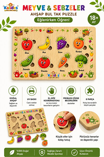 kalides Bultak Puzzle – Fruits & Vegetables |   Wooden Educational Puzzle |  ...