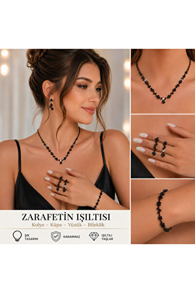 Renkada Gümüş Kaplama Asil Siyah Kolye Küpe Ve Bileklik Seti 3'lü Set Davet D...