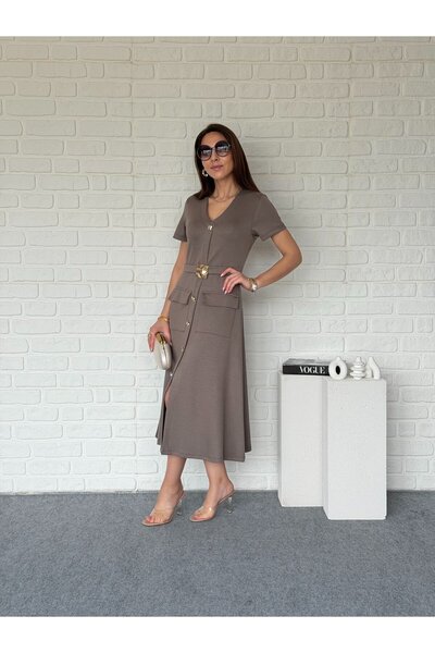Goncalya Gold Buckle Midiboy Modal Dress Mink