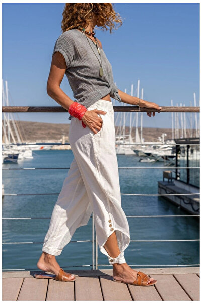 MetuCA Women's White Linen Mesh Detailed Bohemian Pinterest Style Shalwar Tro...