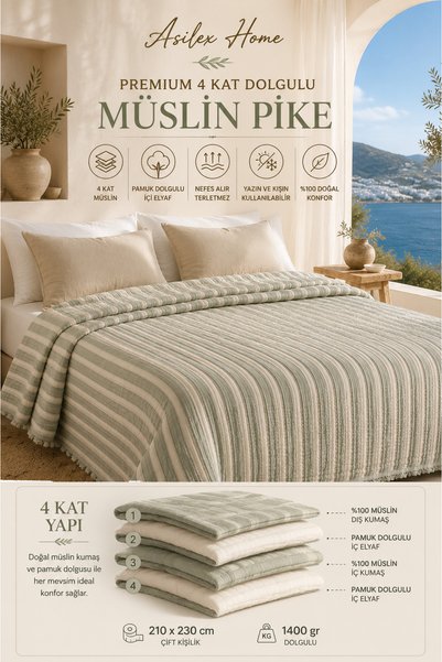 Asilex Home Collection 4 Layer Muslin Pique 210X230 cm Double Size 100% Cotton Filled Muslin Bedspread Summer and Winter Breathable Anti-Sweat Muslin Quilt Oeko-Tex ®   Certified
