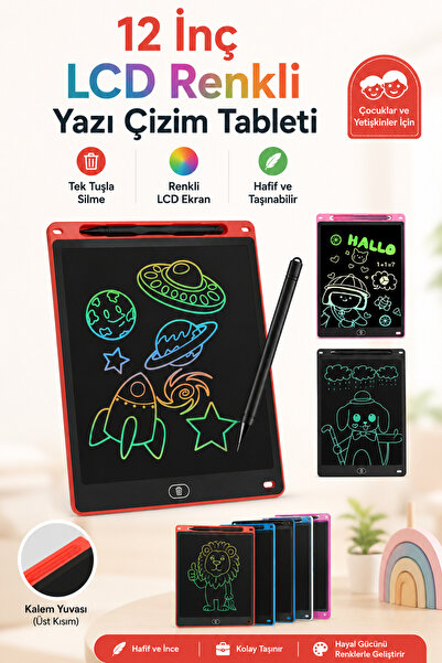 Arvital 12 İnç LCD Renkli Yazı ve Çizim Tableti Tek Tuşla Silinebilir Kalemli...