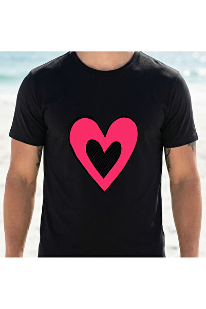 STITCHLY Black T-Shirt with Pink Heart Print Beach Casual Wear