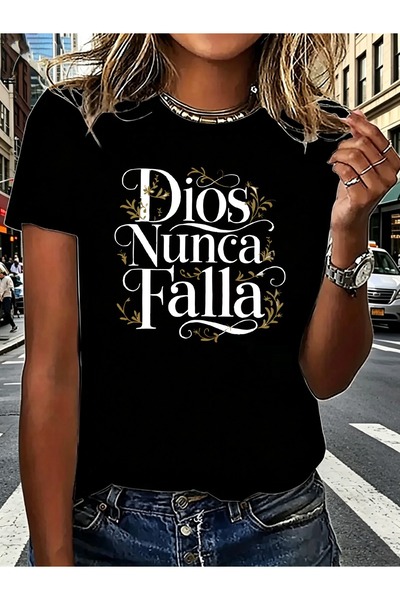 1001 Line Women' Dios Nunca Falla Graphic T-Shirt - Streetwear Round Neck Sho...