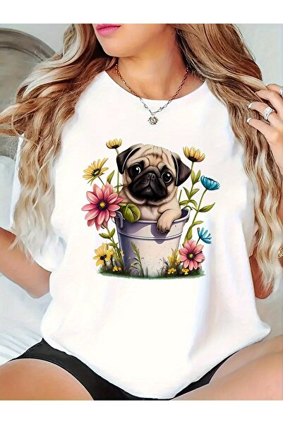 STITCHLY تي شيرت نسائي لطيف بتصميم كلب، بأكمام قصيرة وياقة دائرية، مناسب للصي...
