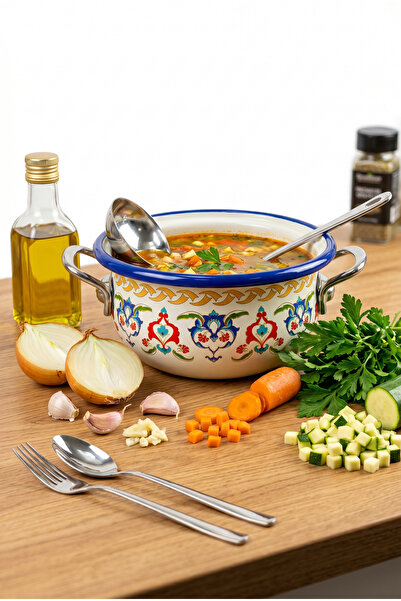 İnci Emaye 16 cm 1.7L 2 Piece Enamel Pot with Lid, for Serving, Food Camping,...