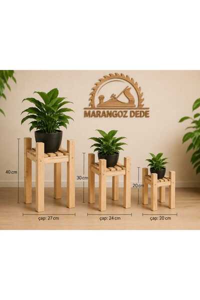 MarangozDede MARANGOZ DEDE AHŞAP 3 LÜ SAKSILIK SAKSI STANDI DEKORATİF RAF