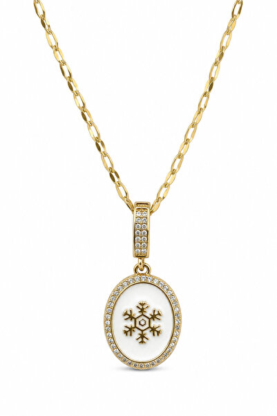 Jack Ferrero Snowflake Patterned White Enamel Yellow Tone Steel Necklace