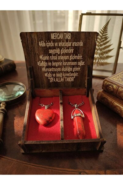Meneva Aksesuar Coral Stone Natural Stone Double Necklace Set with Wooden Box