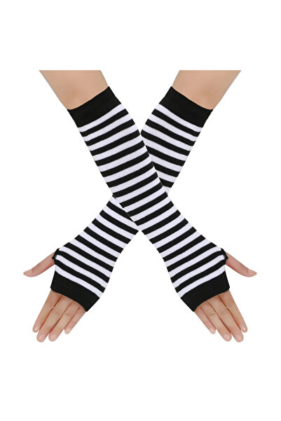 Choice9 One Size Black White Warmer Knitted Long Fingerless Gloves Elbow Mitt...