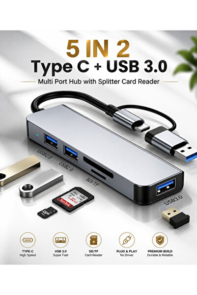 FUJISHKA 5 IN 2 Type C + USB 3.0 Multi Port Hub with Splitter Card Reader