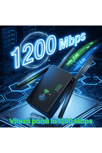 HASEPE Amplificator de semnal WiFi Wireless 1200M Dual Band, Extensor de rază, Amplificator de semnal cu 4 Antene