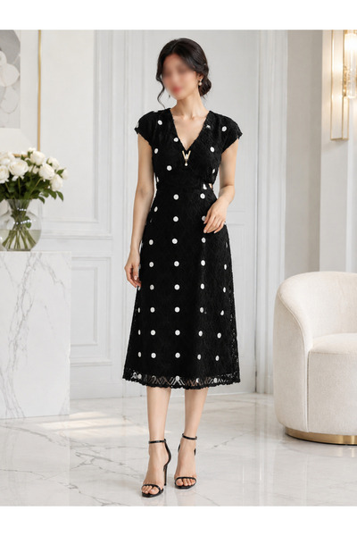 Nobrand Black Midi Dress with White Polka Dots and Elegant Cut