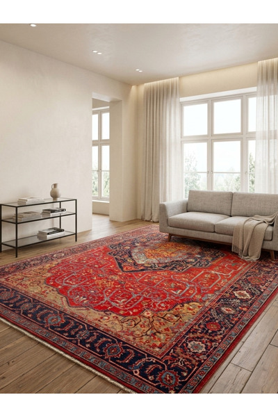 Has 1950 Antik Stil Eskitme Kırmızı Klasik Şark Tarzı Katmanlı Madalyon Salon...