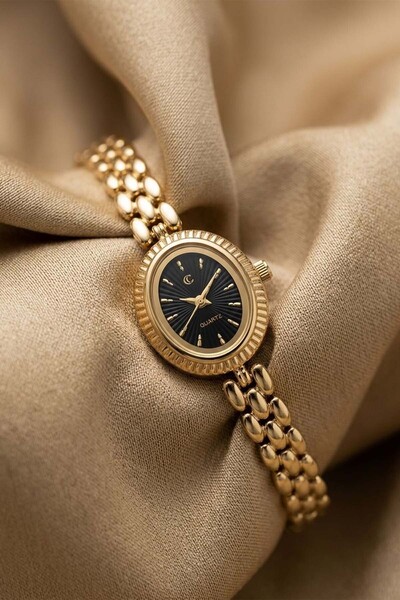 İnogge Mi̇ns Women's Gold Color Metal Strap Black Dial Oval Case Vintage Quar...