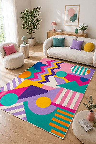 Toronto Home Dijital Kaymaz Yıkanabilir Renkli Retro Salon Halısı Mutfak Halı...