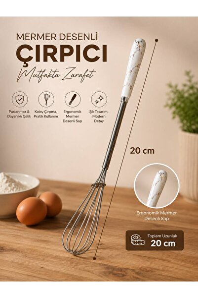 QesQin Mermer Desenli Paslanmaz Çelik Mini Çırpıcı 20 cm | Ergonomik Saplı Mu...