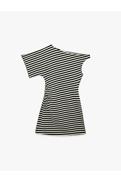 Koton Cotton Shirred Boat Neck Sleeveless Mini Striped Dress