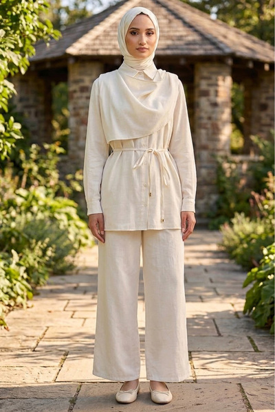 TOFİSA Double Suit with Scarf Detail on the Front Ecru - 28506-Ekru