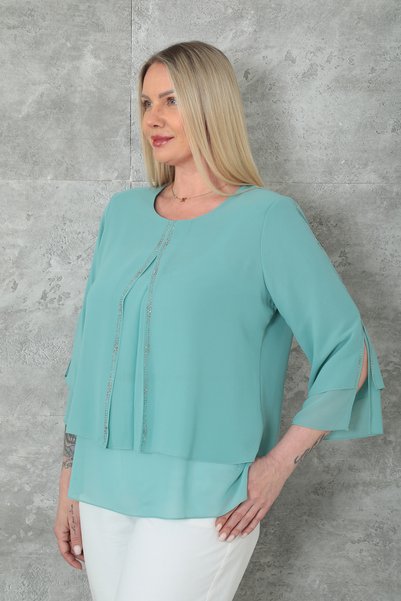 KİFAYET Plus Size Women's Blouse Double Layer Chiffon Front Stone Stripe Crew Neck Stylish Evening Dress Blouse