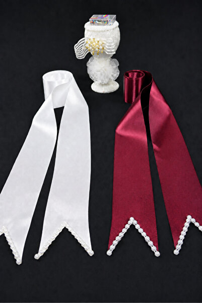 AZRA KINA Bordo Beyaz İncili Gelin Damat Takı Kurdelesi(200cm), Beyaz İğnelik...