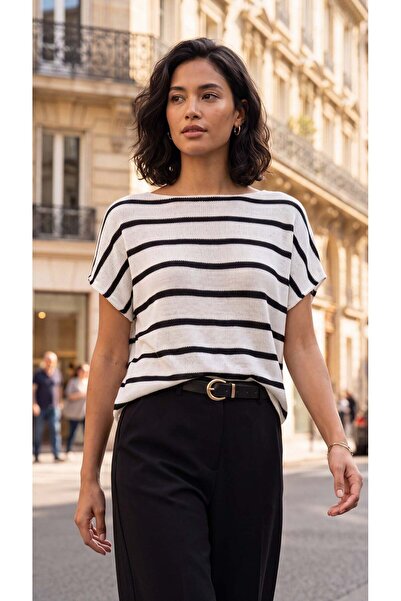 WeShaya Ecru-Black Mercerized Cotton Knitwear Boat Neck Short Sleeve Striped ...