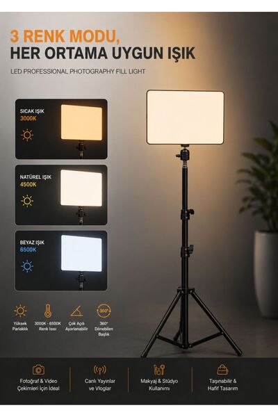 Asfal 210 cm Tripodlu LED Video Işığı, 3 Renk Modlu 3000K-6500K Ayarlanabilir...
