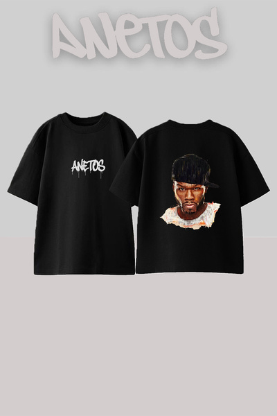 Anetos 50 Cent_64 Design Printed Oversize Black T-Shirt