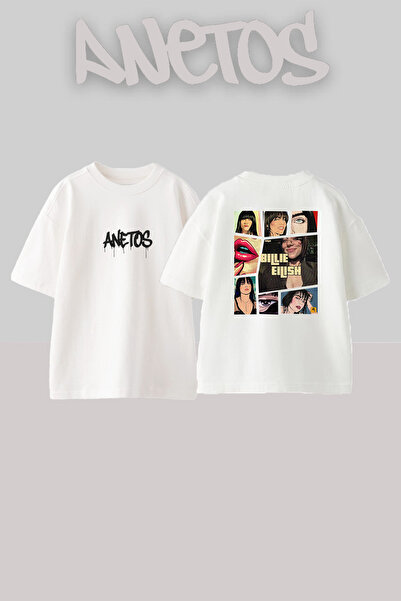 Anetos Μπλουζάκι Billie Eilish_151 με στάμπα σχεδίου, υπερμεγέθη λευκό