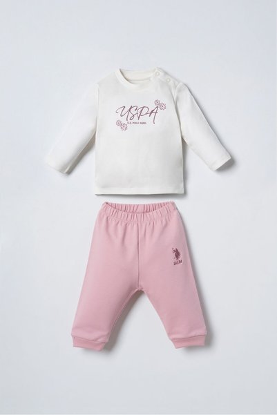U.S. Polo Assn. Embroidered Baby Girl Cardigan Pink Long Sleeve Pajama Set Usb3248-C-V1