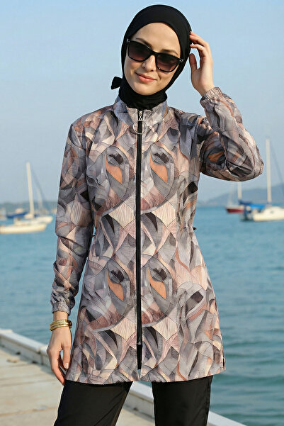 armonika 3-Piece Set Front Zippered Patterned Burkini with Side Slits and Ela...