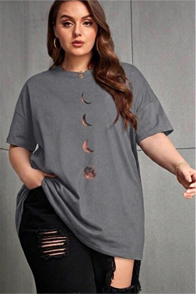 Oksit Moon Women's Large Size Oversized Printed Crew Neck Cotton T-Shirt Rela...