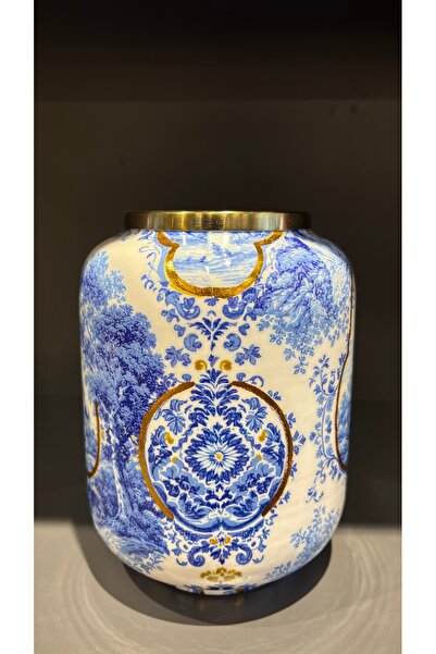 bsdartgift Vintage Mavi Beyaz Dekoratif Vazo
