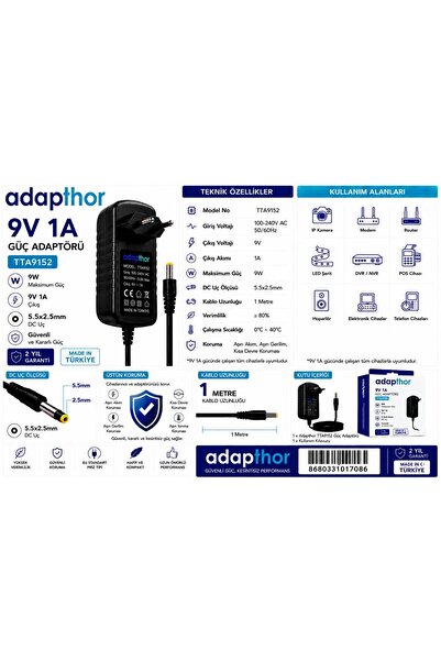 ADAPTHOR TTA-9152 9W 9V 1A 5.5*2.5 PRİZ TİPİ ADAPTÖR