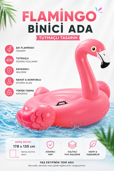 NeoThings Flamingo Binici Ada 178x135 cm Şişme Deniz Simidi Büyük Yüzme Simid...