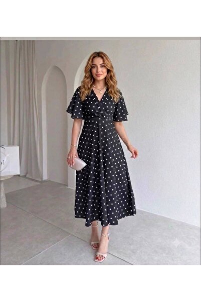 tülaybutik kadın kolları volanlı puantiyeli kloş midi boy elbise