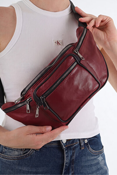 NahitaTyana Unisex Burgundy Multi-Pocket Genuine Leather Freebag Waist Bag an...