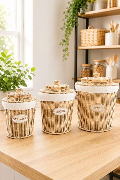Karçiçeği Home 3'lü Rattan Büyük Boy Patates Soğan Sarımsak Saklama Sepeti | ...