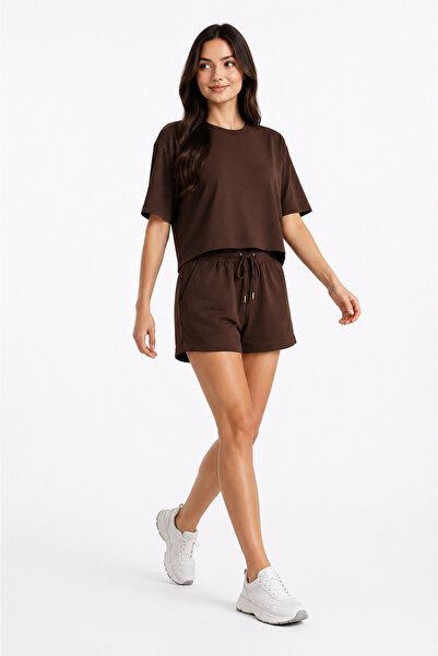 BARLİZ Women's Summer Short-Sleeved Short Two-Piece Shorts Set