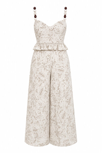 HAZELANNA Embroidered Beaded Bustier-Pants Natural Set