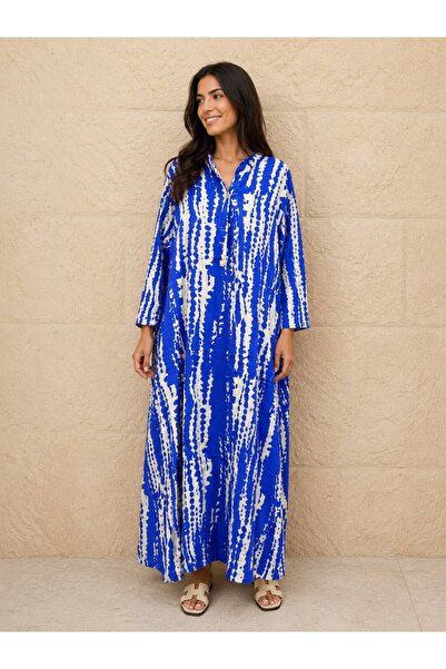 AGORATEKSTİL Women's Patterned Long Sleeve Viscose Fabric 3-Button Dress 40-46
