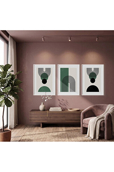 KOLAJTASARIM Set de picturi cu ramă albă, cu centură verde minimalistă, 3 pie...